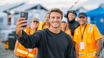Influencer in casual outfit taking behind-the-scenes selfie with crew members at outdoor event setup, bright tents and equipment in background