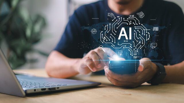 Person using smartphone with futuristic AI interface Digital transformation machine learning and artificial intelligence concept with virtual HUD overlay and tech elements