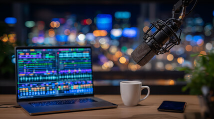 Creative podcast workspace with colorful LED backlighting, laptop showing recording software, microphone suspended on adjustable arm, coffee mug and smartphone on desk