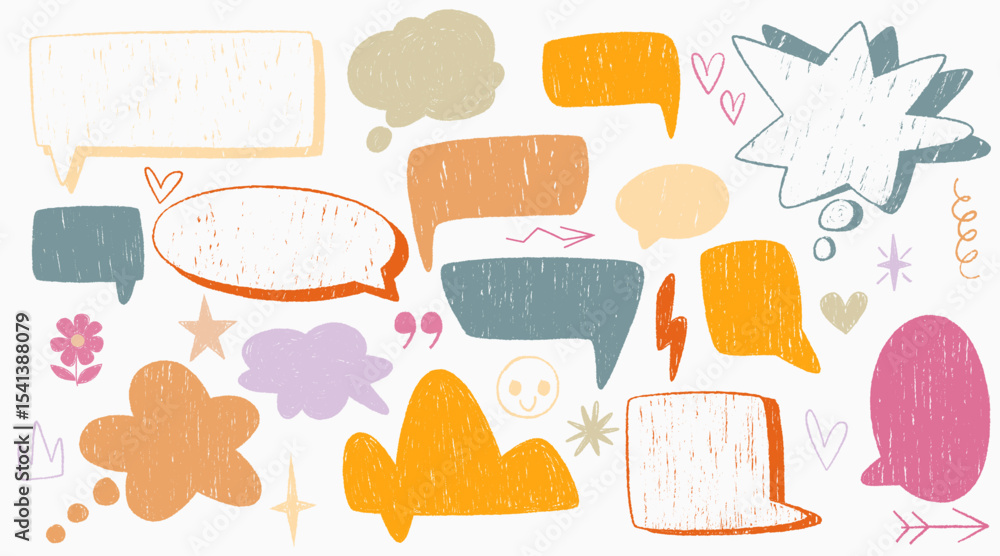 Poster crayon drawn speech bubble set - hand sketched communication elements with textured strokes. colorfu