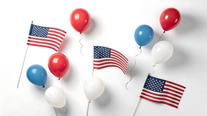 Patriotic balloons and american flags on white