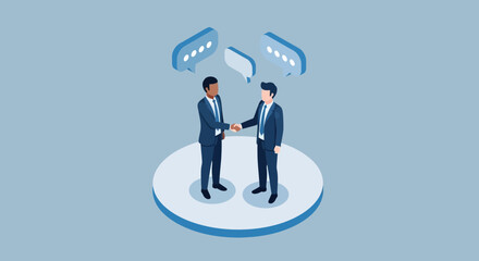 Isometric Illustration of Two Businessmen Shaking Hands, Agreement Concept
