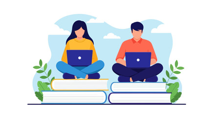 Two Students Studying on Books with Laptops, Flat Vector Illustration