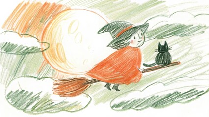 A drawing of a witch with a black cat flying on a broom in front of a full moon