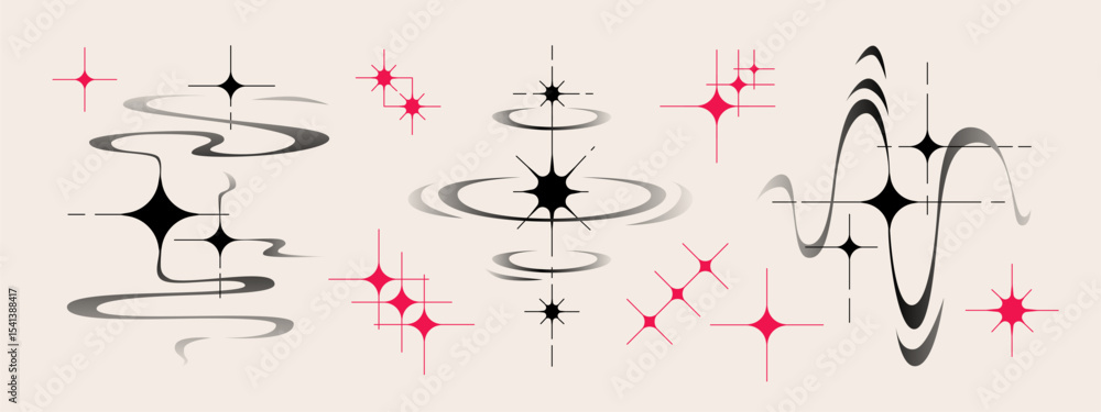 Poster y2k aesthetic star shapes set with sparkles and swirls in black gradient and pink colors - retro ele