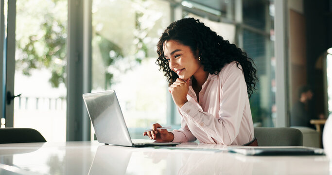 Business, woman or happy with laptop in office for editor feedback, article research or proofreading. Media agency, journalist and tech for editing story, creative inspiration and reading information