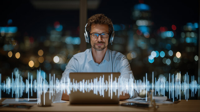 Podcaster checking sound quality on laptop, headphones on neck, illuminated waveforms on screen, desk cluttered with coffee cup, smartphone, and notepad - Powered by Adobe
