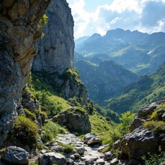 Rocky trail through green mountains with dramatic cliffs and distant peaks

