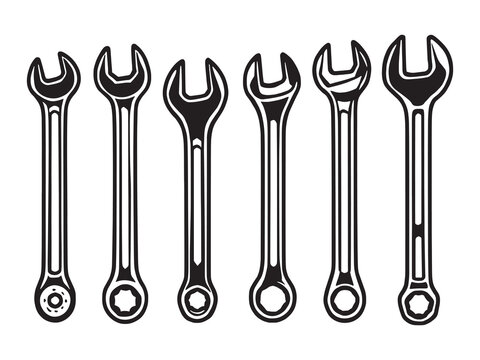 set of 6 psc different type of Wrench clear vision simple dark black line art on white (2).eps