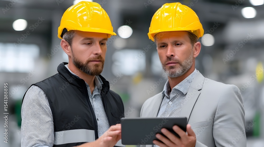 Poster engineers using digital tablets on a factory floor