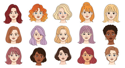 Diverse Set of Cartoon Women's Faces with Varied Hairstyles and Skin Tones