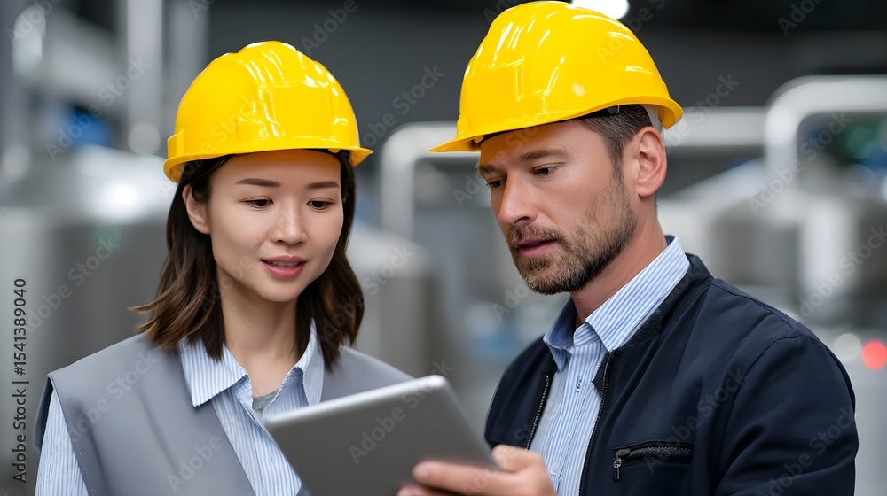 Poster engineers using digital tablets on a factory floor