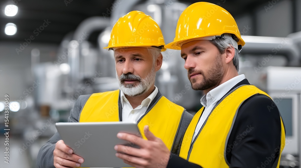 Poster engineers using digital tablets on a factory floor