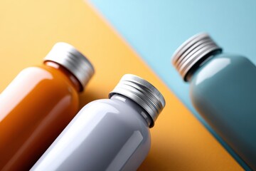 Close-up of colorful down wash gel containers with vibrant backgrounds suitable for marketing