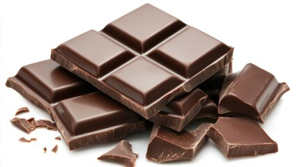 Rich dark chocolate bars overlapping, scattered pieces, freshly made, white Milk pieces isolated