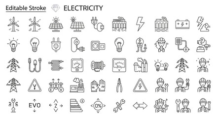 Editable Stroke Electricity Icons Power Generation, Transmission, and Distribution Symbols