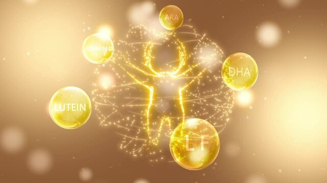 Golden ball revolves around the baby, forming a protective shield around the baby, enhancing resistance and immunity, dairy products and trace element supplements advertising solution, 3D rendering.