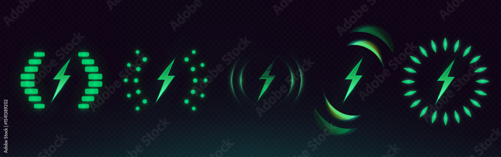 Poster glowing wireless charge battery icons collection - neon green power indicators showing lightning bol