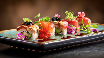 Gourmet Sushi Rolls with Salmon Tuna and Exquisite Floral Garnish