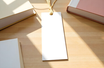 Blank bookmark mockup with yellow tassel on wooden background, top view. Price tag mockup