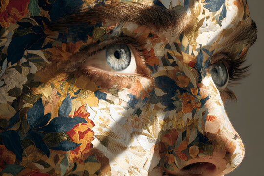 Artistic collage blending human portrait with floral and geometric shapes