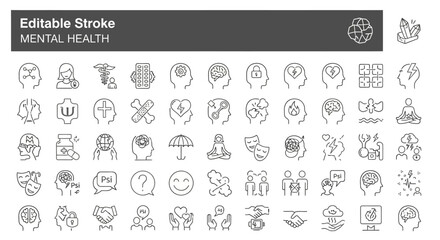 Editable Stroke Mental Health Icon Set 50+ Line Icons for Wellness and Wellbeing
