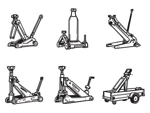 set of 6 psc different type of  Car jack clear vision simple dark black line art on white (3).eps