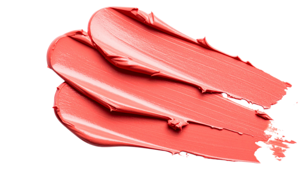 Abstract close-up texture of matte lipstick smear in coral tone, white background, cosmetic trend isolated on solid white background Png form.