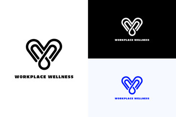 illustration of two interlocked paperclips forming a heart shape, vector logo for office supplies, corporate wellness, fitness, employee health, coaching, workplace wellness, and more