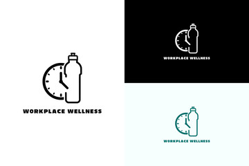 clock combined with a water bottle illustration, icon, vector logo for stress management, time management, office wellness, coaching, fitness, workplace wellness, and more