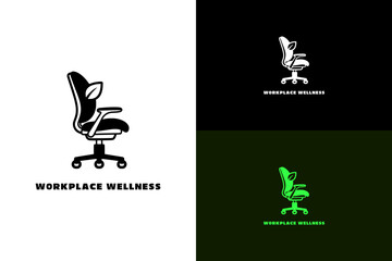 office chair with a small leaf integrated vector illustration, logo for positive environment, corporate wellness, coaching, employee health, fitness, workplace wellness, and more