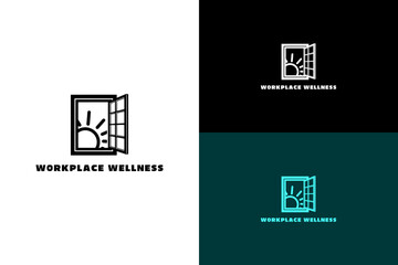 vector illustration of sun peeking through an office window frame, logo for corporate wellness, employee health, stress management, coaching, positive, workplace wellness, and more