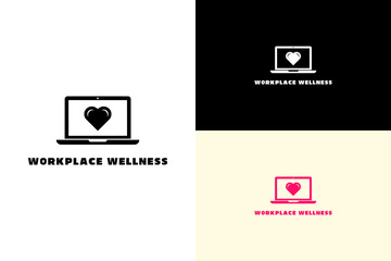 laptop with a heart symbol on the screen vector illustration, logo for employee health, office wellness, positive environment, coaching, business wellness, workplace wellness, and more