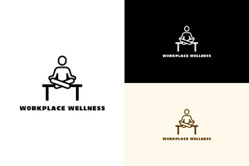 vector illustration of figure sitting cross legged on a desk, logo for positive workplace, employee health, fitness, corporate wellness, exercise, coaching, workplace wellness, and more