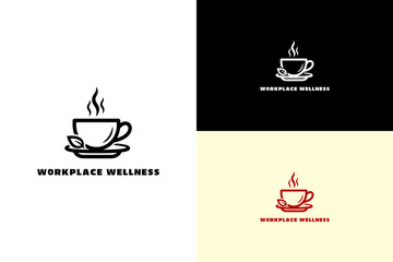 illustration of steaming coffee cup with a small leaf, vector logo for coffee shop, tea shop, green tea, office wellness, employee health, corporate wellness, fitness, workplace wellness, and more