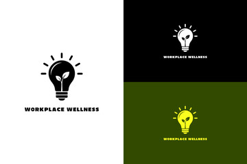 lightbulb with a small sprouting leaf inside vector illustration, logo for creativity, green energy, corporate wellness, employee health, coaching, positive, workplace wellness, and more