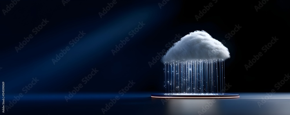 Poster in a visually compelling composition, health data flows into a cloud symbolizing cloud computing in 