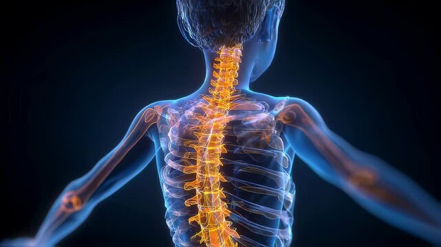 Medical animation showcases a child's back, highlighting the spine's curvature characteristic of scoliosis, providing a detailed anatomical visualization for educational or diagnostic purposes
