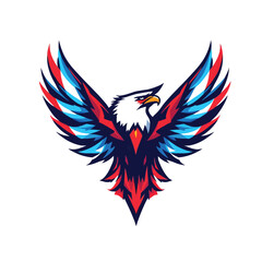 Obraz premium Stylized Eagle with Outstretched Wings in Red, Blue, and White Accents, Dynamic Vector Symbolizing Strength, Freedom, and National Pride