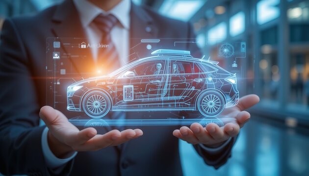 Businessman in suit holds digital holographic autonomous self-driving car projection. Innovative tech, future concept of autopilot vehicle, automotive industry. Modern business, 32k resolution