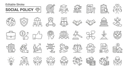 Editable Stroke Social Policy Icon Set 40 Line Icons for Government, Welfare, and Community Initiatives