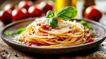 Rustic and Appetizing Plate of Al Dente Spaghetti with Fresh Tasty classic italian pasta