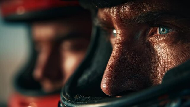 Close up portrait of focused racer wearing helmet, preparing for race start, with blurred teammate in background, creating sense of anticipation and competition