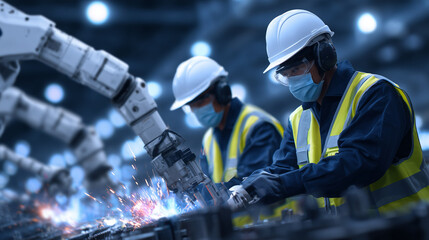 Industrial factory scene showing collaborative robots (cobots) working side-by-side with humans wearing safety gear, efficient teamwork and safety protocols