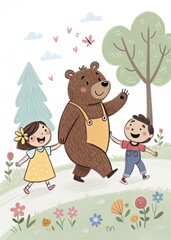 A bear walking with a girl in yellow dress and a boy in blue overalls outdoors