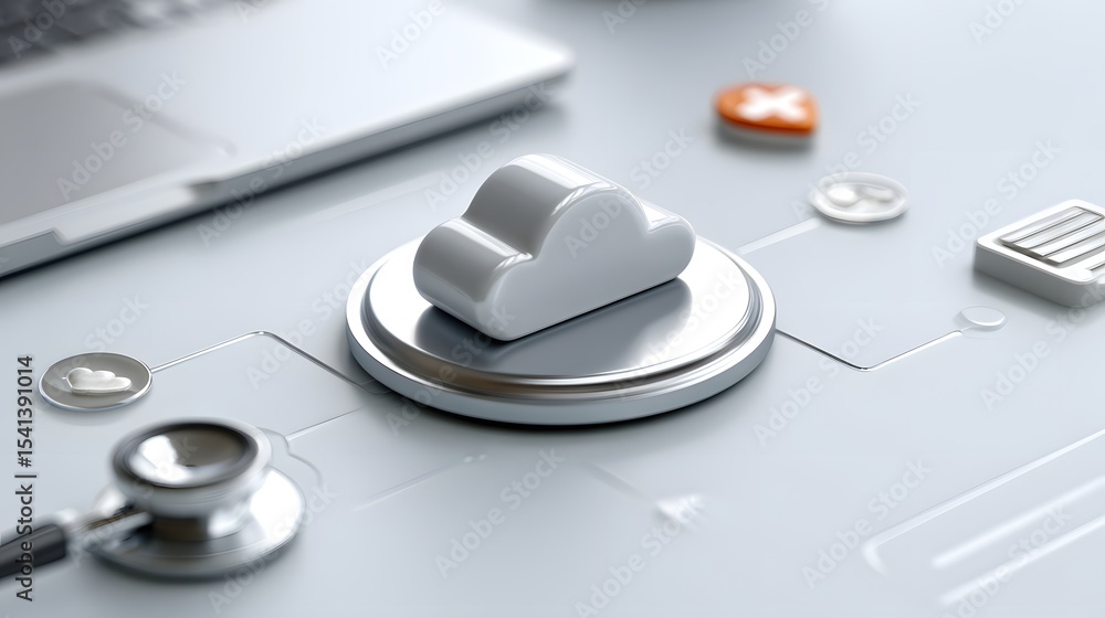 Poster a conceptual representation of cloud computing in healthcare, featuring a cloud icon surrounded by h