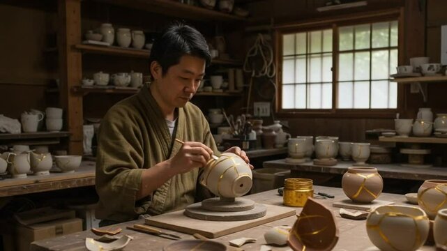 Japanese Artisan Restoring Pottery Using Kintsugi Gold in Traditional Studio
