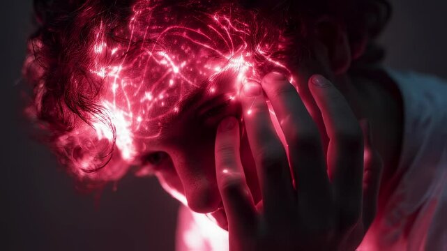 Medical science visualization showing a young man experiencing night terrors, with a superimposed image of his brain activity highlighted in red