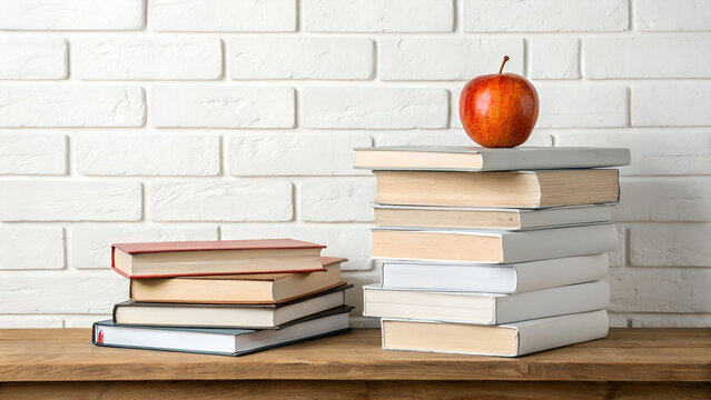 Stack of books with an apple on top against a white brick wall
