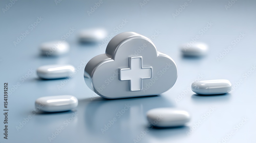 Poster a conceptual representation of cloud computing in healthcare, featuring a cloud icon surrounded by h